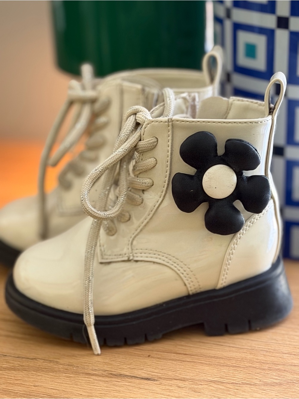 Kids GAP Cream Lace-Up Ankle Boots with Black Flower Accent
